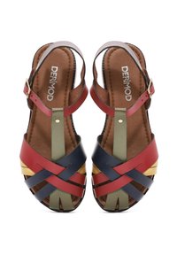 Strappy sandals with woven leather in red, navy, gold, and green. Open toe design with a brown inner lining and adjustable ankle strap.