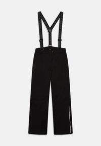 Pantaloni impermeabili neri con bretelle regolabili, vita elasticizzata e dettagli riflettenti sui lati. Tessuto liscio, design a gamba larga.