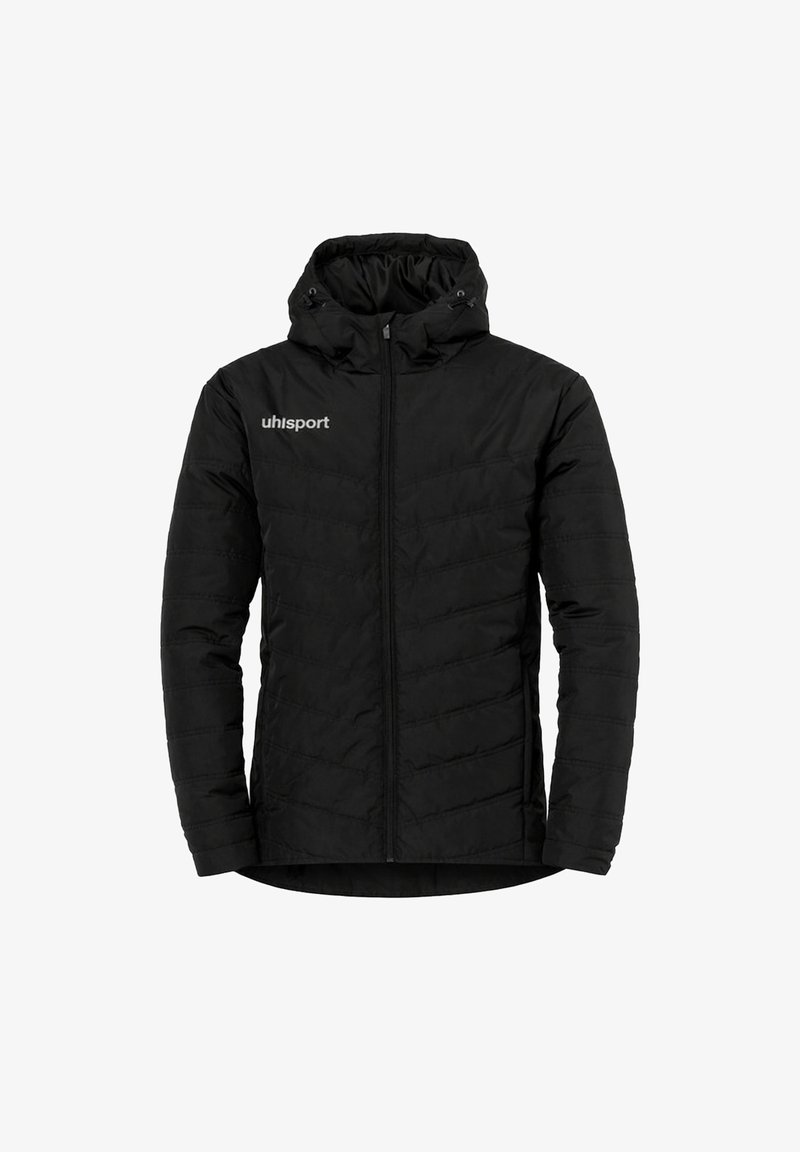 Veste matelassée noire avec capuche, fermeture éclair intégrale à l'avant et logo « uhlsport » sur la poitrine gauche, conçue pour temps froid.
