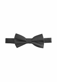 Black woven bow tie with a textured surface, featuring a classic butterfly shape and adjustable elastic band for secure fit.