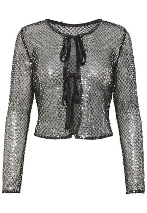 Giacca cropped nera con paillettes, maniche lunghe, colletto rotondo e chiusura con laccio frontale, impreziosita da paillettes luccicanti.