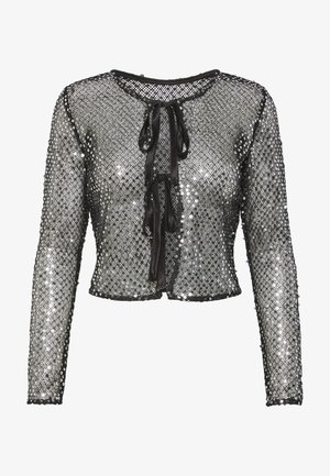 Mustmustriteeritud must cropped-jakk pikkade varrukatega, ümmarguse kaelaauguga ja ees kinnitusega, kaunistatud sädelevate mustritega.