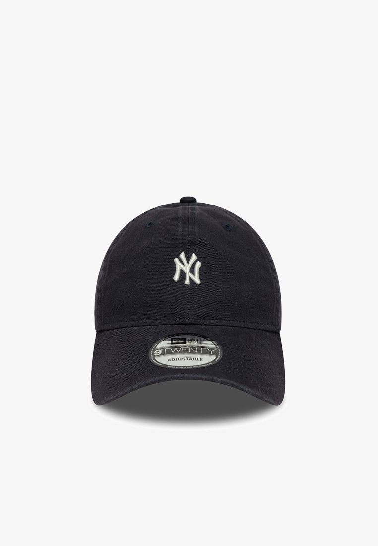 Navy blue baseball cap with an embroidered white logo on the front. Crafted from fabric, featuring an adjustable strap and curved brim.
