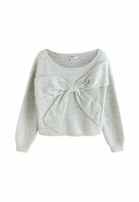 Grauer Strickpullover mit weitem Rundhalsausschnitt, langen Ärmeln und einer großen, strukturierten Schleifendetail an der Vorderseite. Der Stoff weist subtile Sprenkel auf.