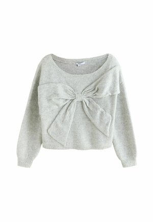 Grauer Strickpullover mit weitem Rundhalsausschnitt, langen Ärmeln und einer großen, strukturierten Schleifendetail an der Vorderseite. Der Stoff weist subtile Sprenkel auf.