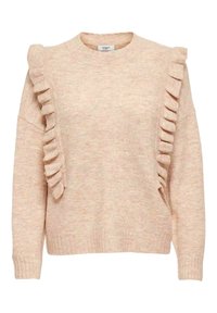 Jasnoróżowy sweter dzianinowy z falbankami na ramionach, prążkowanymi mankietami i dołem, o miękkiej fakturze i luźnym kroju.