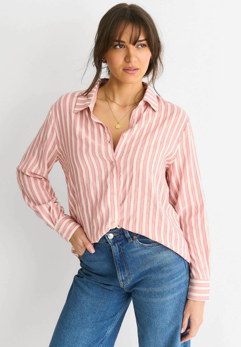 Long-sleeve button-up shirt in pink and cream stripes, featuring a collar, relaxed fit, and soft fabric. Worn with blue jeans.