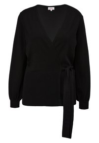 Schwarze Wickelcardigan mit tiefem V-Ausschnitt, langen Ärmeln mit schmalen Bündchen, einem Bindegürtel in der Taille und geripptem Textur am Saum.