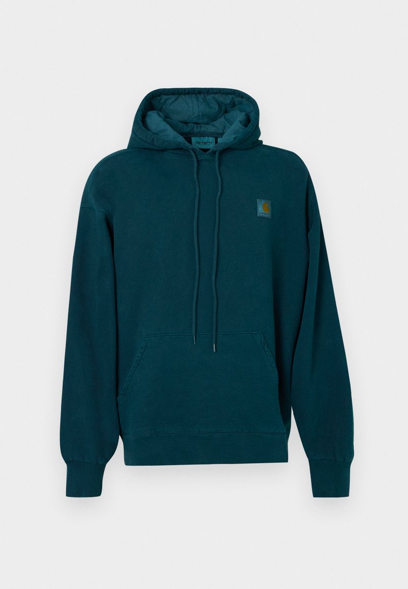 Dunkelblauer Hoodie aus Baumwolle mit einer Fronttasche, Kordeln, gerippten Bündchen und einem kleinen Logopatch auf der Brust.
