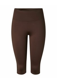 Leggings marron taille haute longueur genou en tissu lisse et extensible sans motifs ni logos visibles.