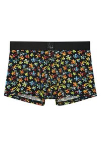 Black boxer briefs with a vibrant puzzle piece pattern in red, blue, yellow, and green. Features a black elastic waist and smooth fabric texture.