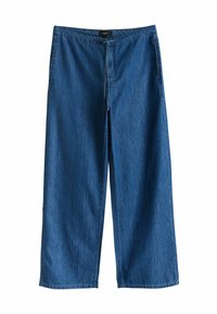 Zilas džinsa plašās bikses ar elastīgu vidukli un aukliņu. Gluda tekstūra, ikdienišķs dizains un ceļa garuma griezums.