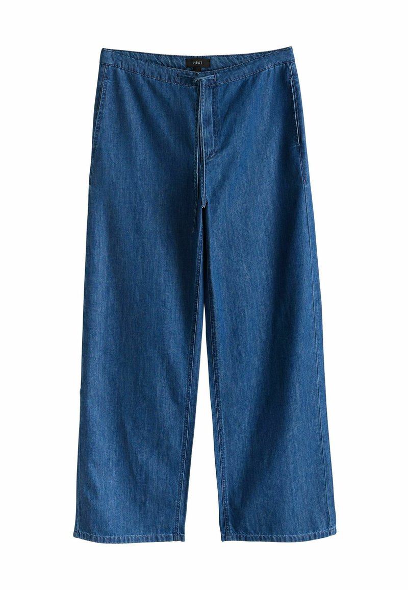 Zilas džinsa plašās bikses ar elastīgu vidukli un aukliņu. Gluda tekstūra, ikdienišķs dizains un ceļa garuma griezums.