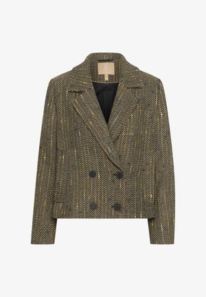 Dwurzędowa marynarka w jodełkę w odcieniu brązowym z wielokolorowymi wtrąceniami. Posiada szerokie klapy i czarne guziki. Strukturalna tkanina wełniana.