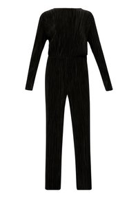 Zwarte jumpsuit met lange mouwen, met een gestructureerd, geribbeld ontwerp en een recht gesneden pijp. Elastische tailleband voor comfort en pasvorm.