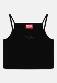 Musthave mustribu must musta rihmaga, punased kleebised kaelussuunas ja sädelev logo detail keskel. Sile tekstuur.