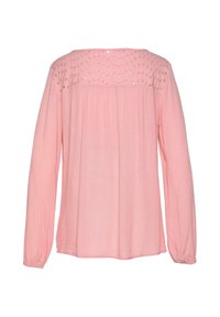 Roze blouse met lange mouwen en een gestructureerde, patroon yoke. Zacht, lichtgewicht stof met plooidetails bij de mouwen en een relaxte pasvorm.