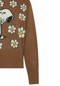 Maglione marrone lavorato a maglia con una grafica di Snoopy circondata da margherite bianche con centri gialli, orlo a coste e un piccolo accento con logo giallo.