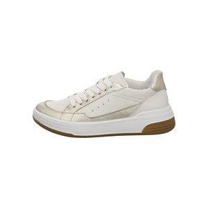 White and beige leather sneaker with white laces, thick white sole, and brown rubber outsole, shown from the side on a white background.