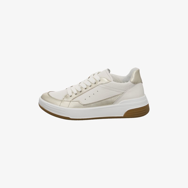 White and beige leather sneaker with white laces, thick white sole, and brown rubber outsole, shown from the side on a white background.