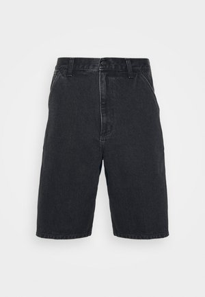 Black denim shorts with a straight cut, featuring a button closure and two side pockets. Incomplete hem with subtle fading details.