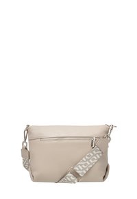 Béžová kožená crossbody taška s predným vreckom na zips, nastaviteľným vzorovaným popruhom a hladkou textúrou. Obsahuje strieborné kovanie.