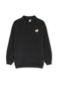 Felpa girocollo nera con colletto, tre bottoni e un design animale ricamato color marrone chiaro sul petto. Tessuto morbido e polsini a costine.