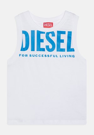 Biała bezrękawnikowa koszulka z dużym niebieskim napisem "DIESEL" i mniejszym niebieskim sloganem "FOR SUCCESSFUL LIVING" poniżej z przodu.