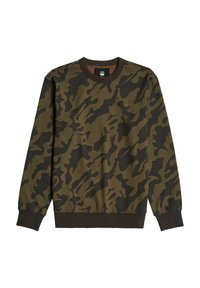 Sudadera de camuflaje verde con cuello redondo, mangas largas y puños acanalados. Fabricada en un tejido suave con un diseño de patrón texturizado.