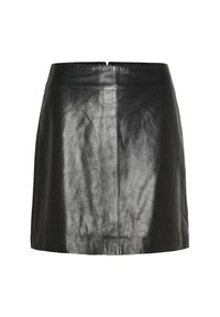Crna kožna mini suknja s glatkom teksturom, koja se ističe jednostavnim dizajnom i stražnjim zatvaračem. Donji rub je ravno krojen i bez ukrasa.