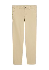Beige Baumwollhosen mit geradem Bein, seitlichen Taschen und einem Knopfverschluss. Glatte Textur und klare Linien.