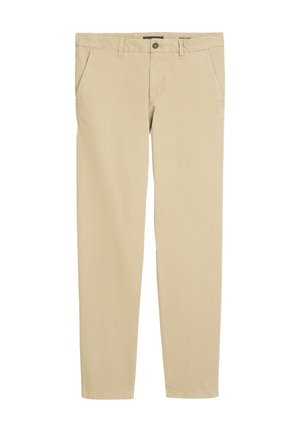 Beige, cotton trousers with a straight leg design, featuring side pockets and a button closure. Smooth texture and clean lines.
