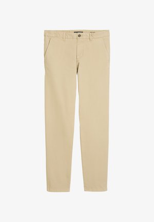 Beige, cotton trousers with a straight leg design, featuring side pockets and a button closure. Smooth texture and clean lines.