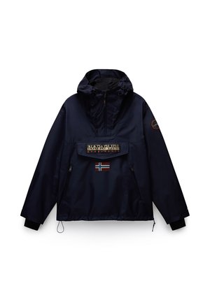 Navy windbreaker with a front pouch, adjustable hood, and side zip pockets. Features a logo patch and a Norwegian flag accent.