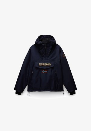 Navy windbreaker with a front pouch, adjustable hood, and side zip pockets. Features a logo patch and a Norwegian flag accent.