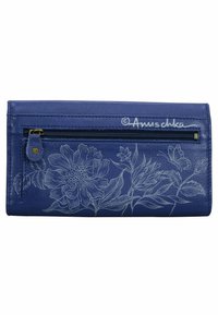 Blauwe leren portemonnee met een ritsvak en bloemengravure aan de voorkant. Kenmerkt zich door een gouden hardwareaccent en een gladde textuur.