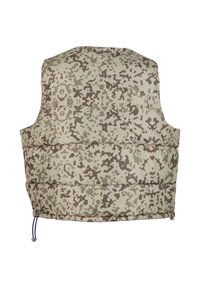 Gepolsterte Weste in einem beigen und grünen Camouflage-Muster, mit hohem Kragen, seitlichen Öffnungen und Schnürzugverstellung am Saum.