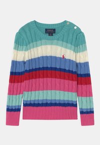 Maglione lavorato a maglia con strisce orizzontali in turchese, crema, blu, rosso e rosa. Collo rotondo con bottoni laterali e polsini a coste.