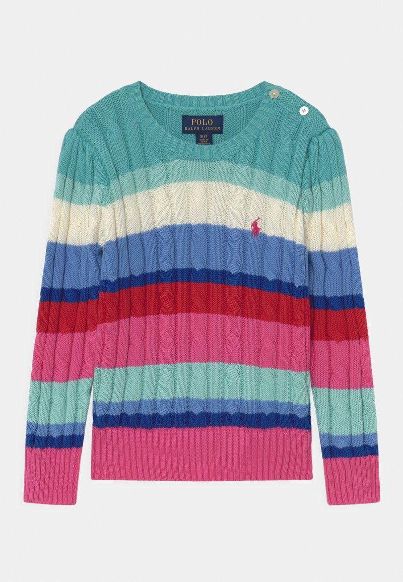 Maglione lavorato a maglia con strisce orizzontali in turchese, crema, blu, rosso e rosa. Collo rotondo con bottoni laterali e polsini a coste.