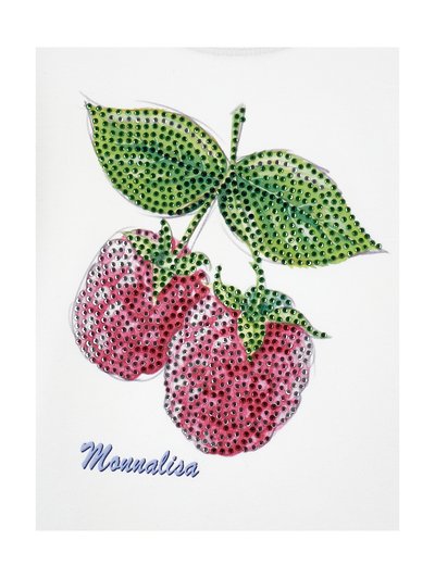 Fragole decorate con strass rosa e foglie verdi su tessuto bianco, con la scritta "Monnalisa" in blu sotto il design.