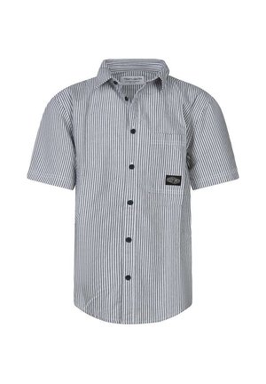 Chemise à manches courtes boutonnée avec des rayures verticales bleues et blanches, une poche avant avec un écusson logo noir, et un col.