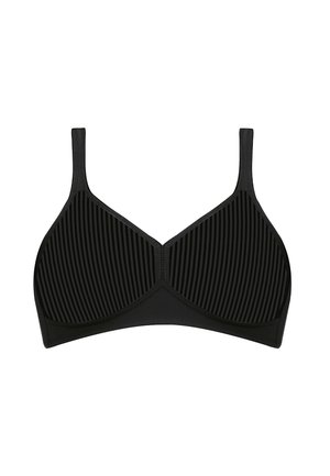 Reggiseno nero con texture a righe verticali, supporto con ferretto, spalline regolabili e design senza cuciture. Tessuto liscio con finitura opaca.