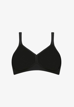 Sort bh med lodrette striber, bøjelige skåle, justerbare stropper og sømløst design. Glat stof med mat finish.