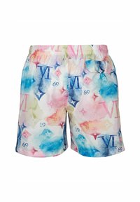 Zwemshorts van een lichtgewicht stof met een meerkleurig aquarelpatroon, versierd met cijfers en symbolen in blauw, roze en groene accenten.