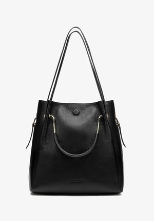 Sac fourre-tout en cuir noir avec surface texturée, doté de deux poignées de épaule, d'une poignée ronde et d'accents en métal doré.