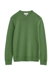 Jersey verde de punto con cuello redondo, puños y bajo acanalados. Fabricado en material suave con una textura lisa y un color sólido.