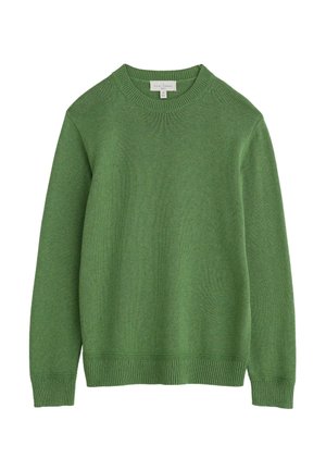 Pull en tricot vert avec un col rond, des poignets côtelés et un ourlet. Fabriqué à partir d'un matériau doux avec une texture lisse et une couleur unie.