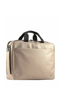 Bolso para portátil beige con un diseño elegante, hecho de material suave. Cuenta con un bolsillo frontal, cremallera negra y doble asa de tela negra.
