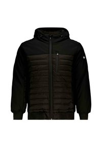 Doudoune noire avec capuche, texture matelassée contrastante à l'avant, manches lisses, fermeture éclair sur le devant et poche sur la poitrine.