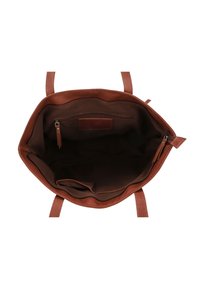 Bruine leren tote bag met een ruime binnenkant, voorzien van een ritsvak en een plat vak voor organisatie. Gladde textuur en stevige hengsels.